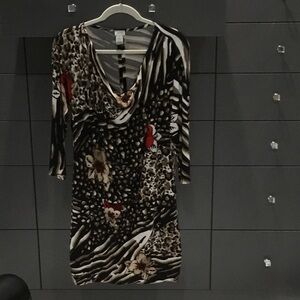 Cache Long Sleeve Animal Print Dress - Black, Brown, Red, Cream